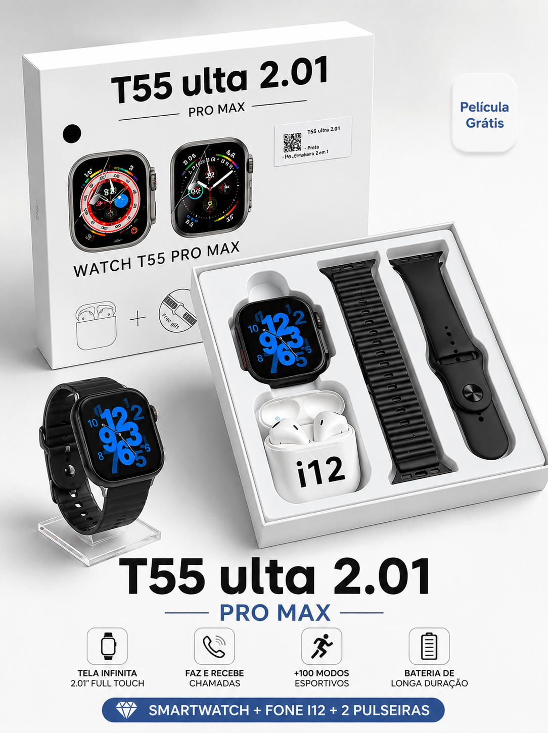 Smartwatch Series T55 Ultra Max com Kit de Fones e Pulseiras